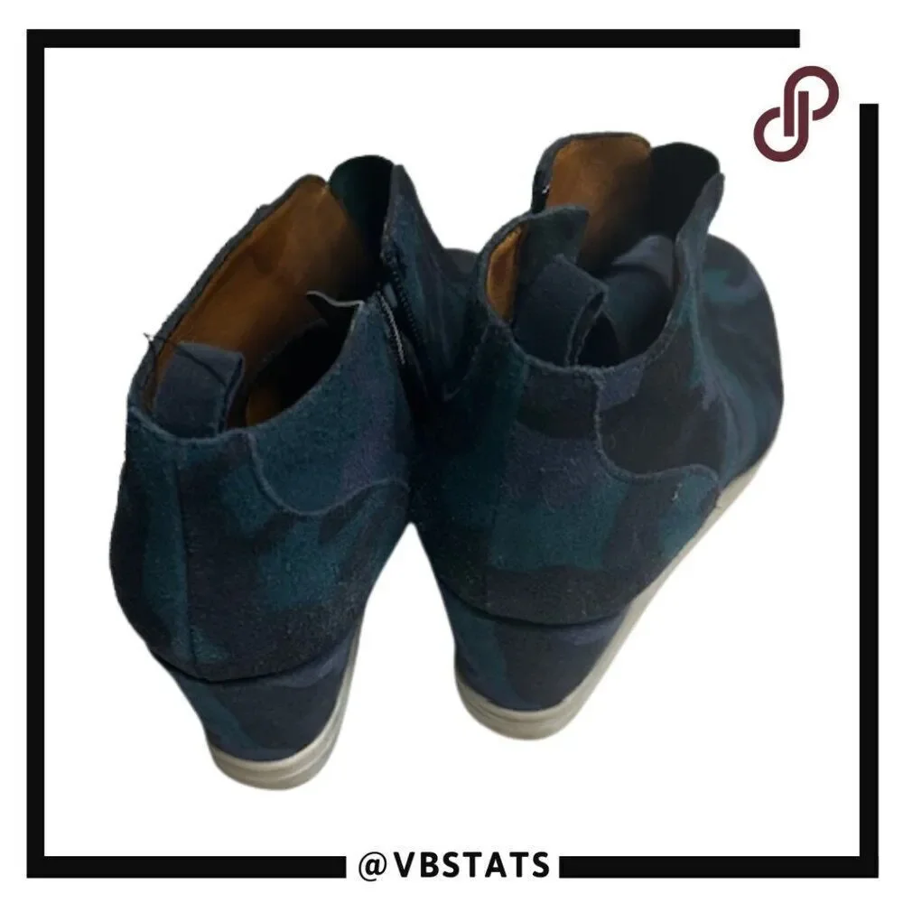 Linea Paola Wedge Shoes size 7.5 Blues and Black Camo Design‎